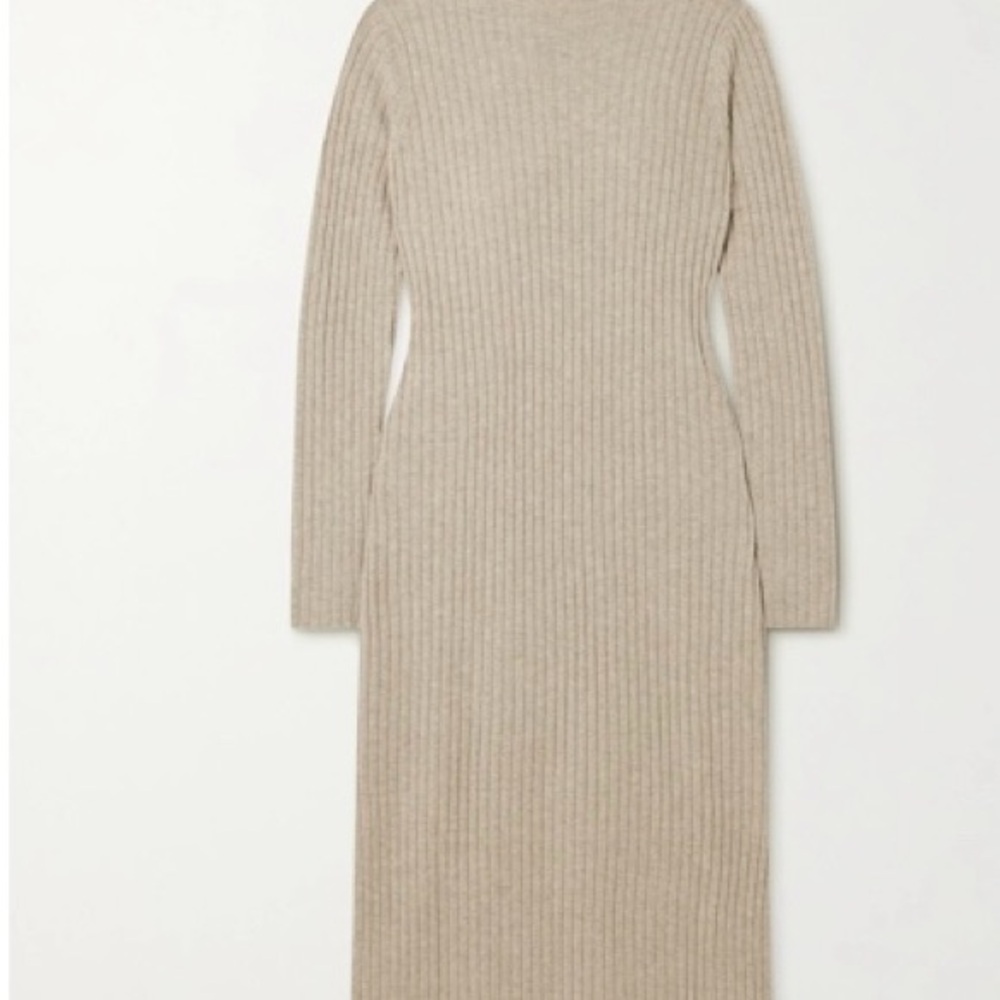 Cream Ribbed Long Sleeve Mock Neck Dress
